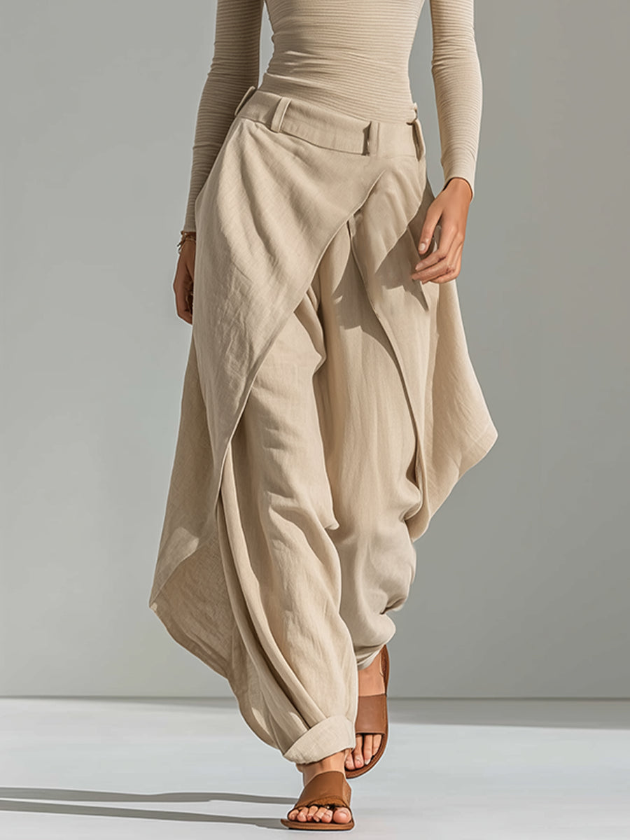 Raquel | Conjunto de top beige con escote barco y pantalón ancho por capas