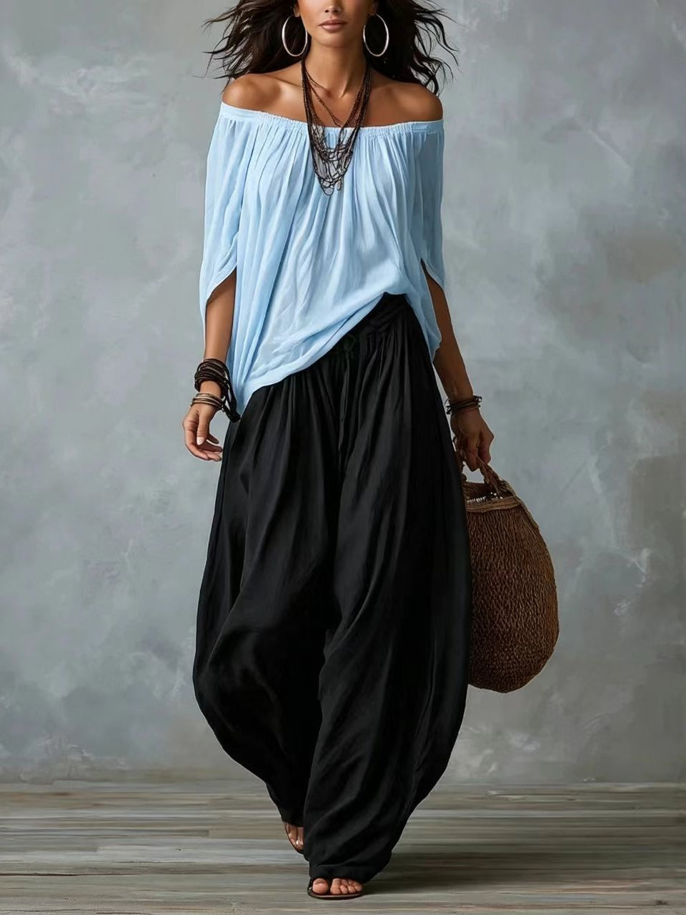 Valentina | Top Blanco Off-the-Shoulder y Conjunto de Pantalón Lantern Ancho