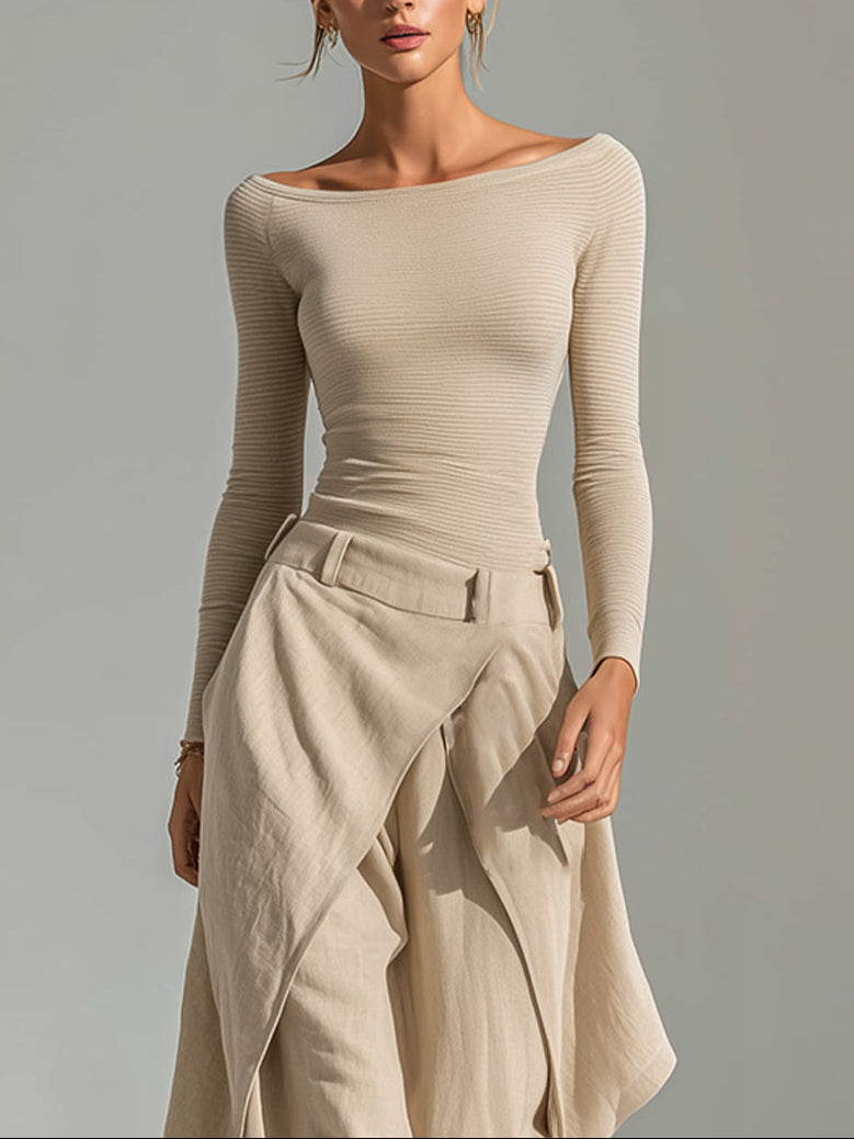 Raquel | Conjunto de top beige con escote barco y pantalón ancho por capas