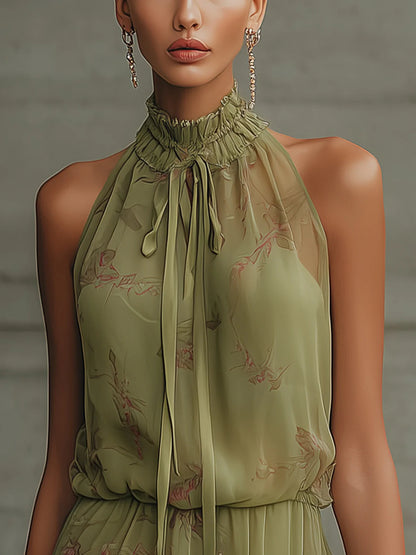 Silvia | Mini Vestido de Muselina Floral Verde, Cintura Alta