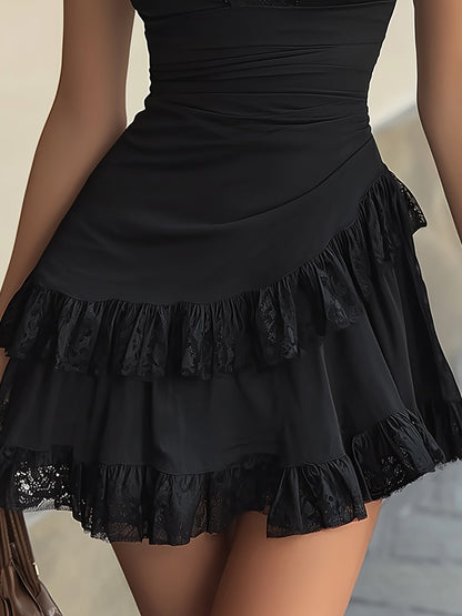 Anaïs | Vestido Mini con Rouches de Encaje Negro y Escote en V