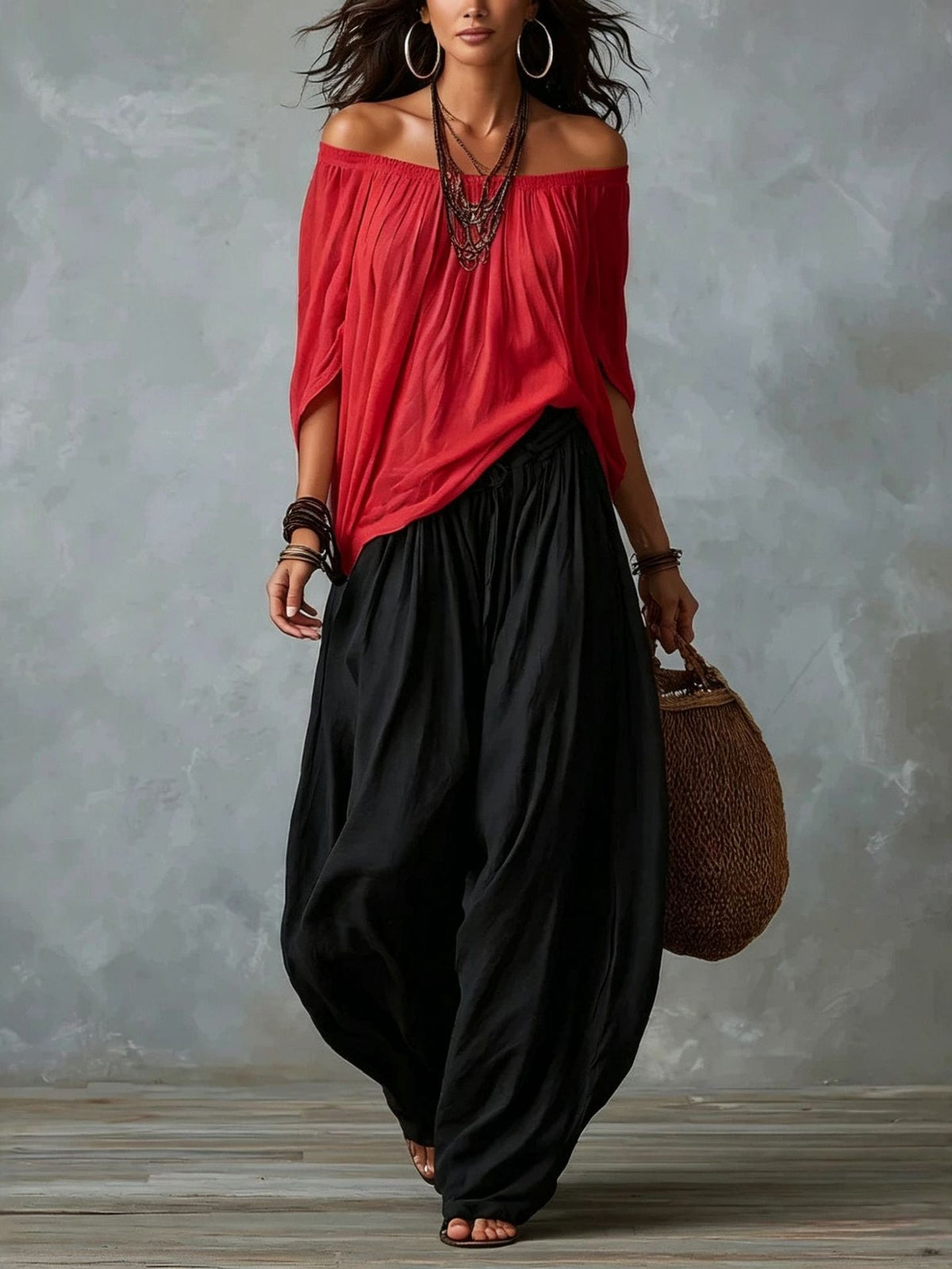 Valentina | Top Blanco Off-the-Shoulder y Conjunto de Pantalón Lantern Ancho