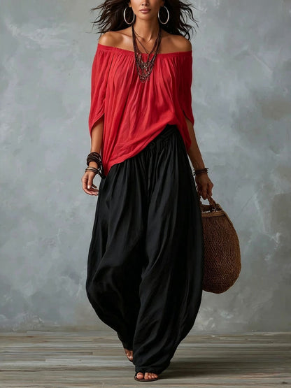 Valentina | Top Blanco Off-the-Shoulder y Conjunto de Pantalón Lantern Ancho