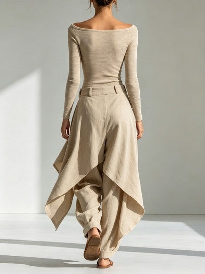 Raquel | Conjunto de top beige con escote barco y pantalón ancho por capas