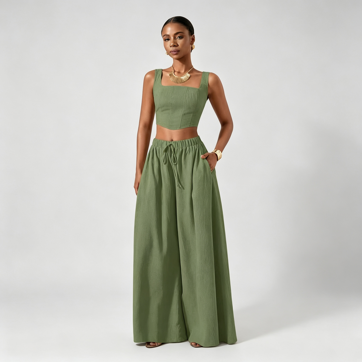 Ondine | Conjunto Cuello Cuadrado y Pantalón Ancho