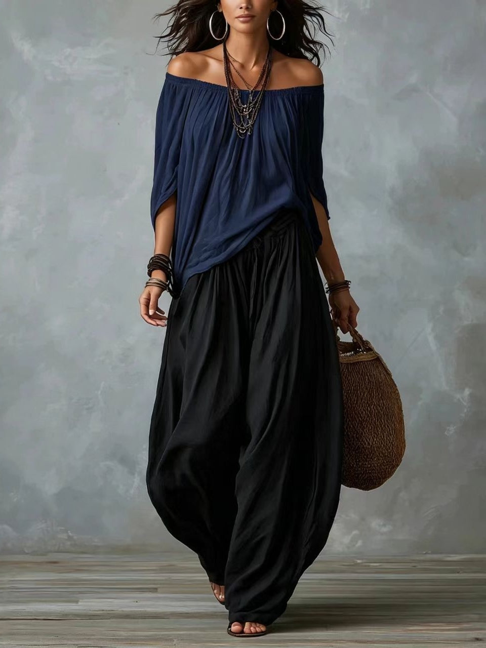 Valentina | Top Blanco Off-the-Shoulder y Conjunto de Pantalón Lantern Ancho