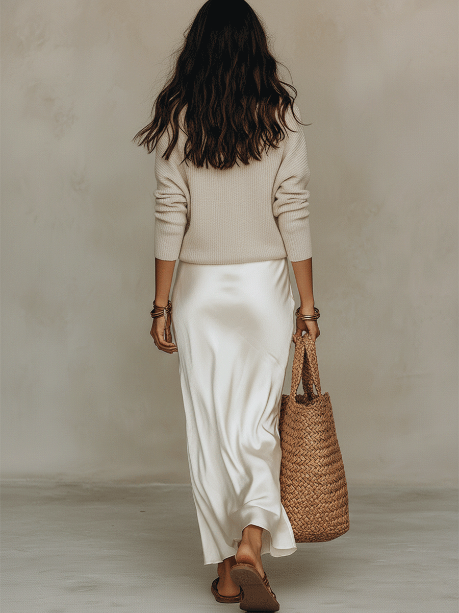 Nora | Conjunto Elegante de Jersey Tricot y Falda Midi de Satén