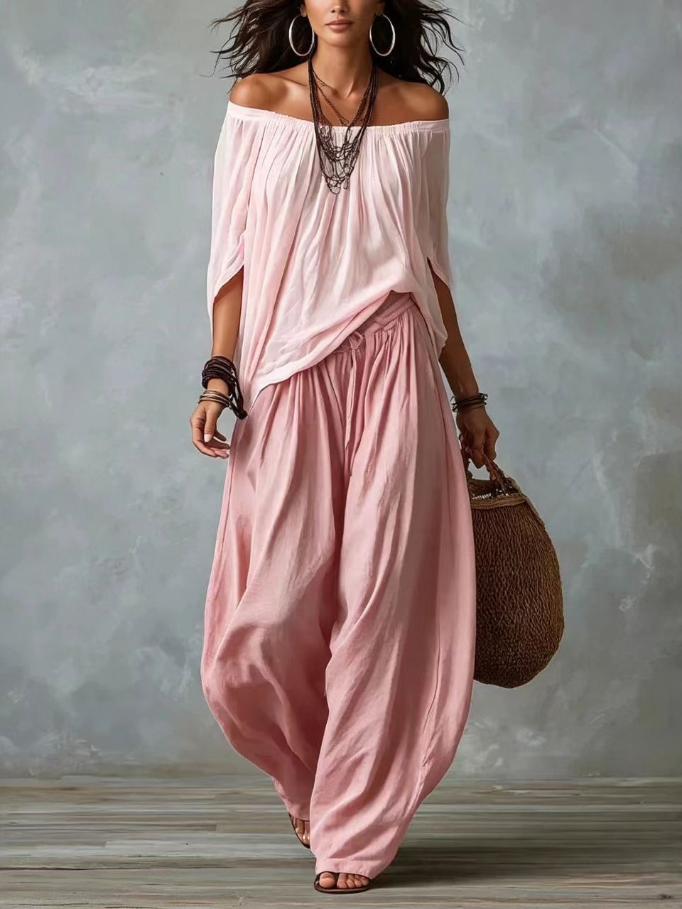 Valentina | Top Blanco Off-the-Shoulder y Conjunto de Pantalón Lantern Ancho