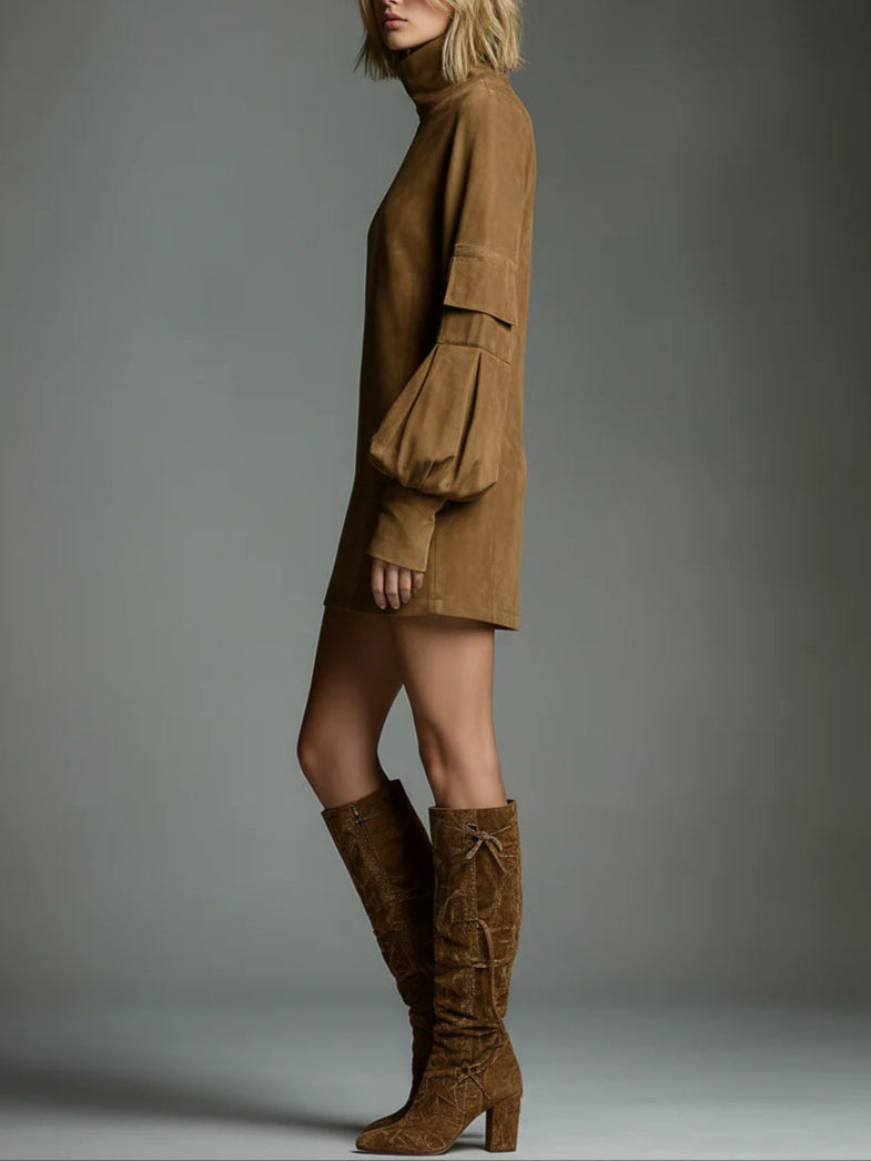 Ruth | Vestido Mini de Ante Vintage con Cuello Alto