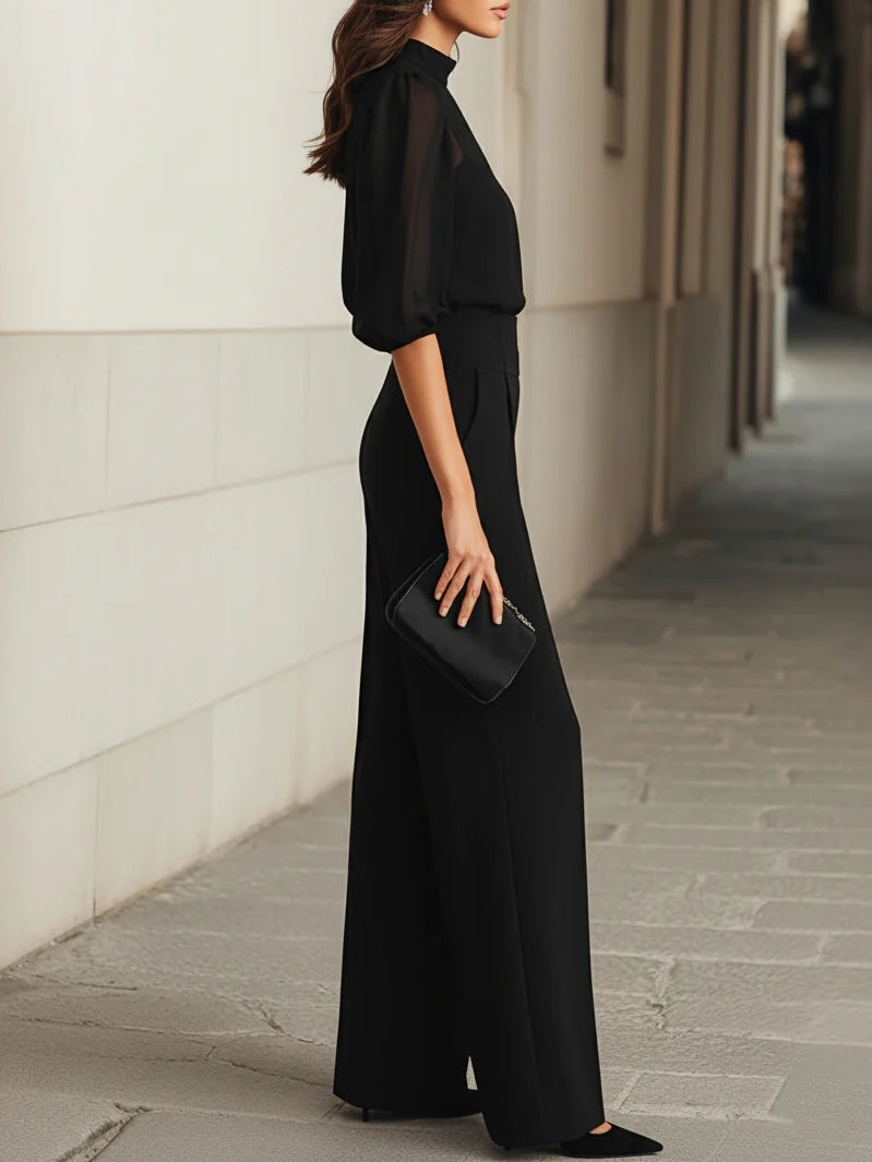 Adela | Top y Pantalón de Pierna Ancha Negros de Chifón Transparente - Conjunto de Tres Piezas