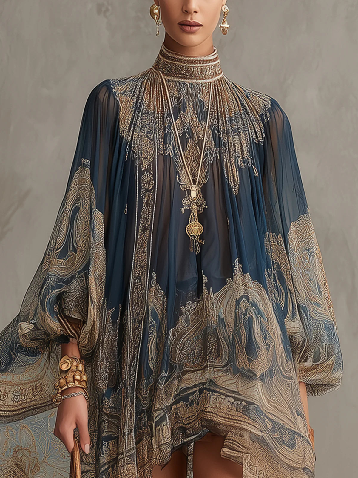 Verónica | Mini Vestido Irregular Estampado Barroco Azul Marino, Cuello Alto