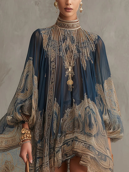 Verónica | Mini Vestido Irregular Estampado Barroco Azul Marino, Cuello Alto