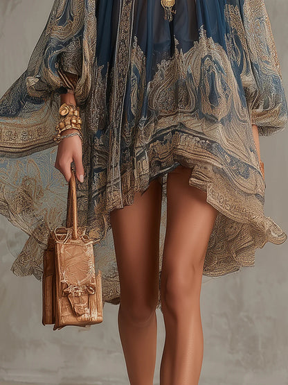 Verónica | Mini Vestido Irregular Estampado Barroco Azul Marino, Cuello Alto