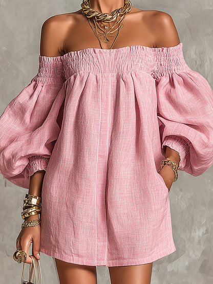 Rosabelle | Mini Vestido A-Line Amplio, Mangas Lantern, Hombros Descubiertos Rosa