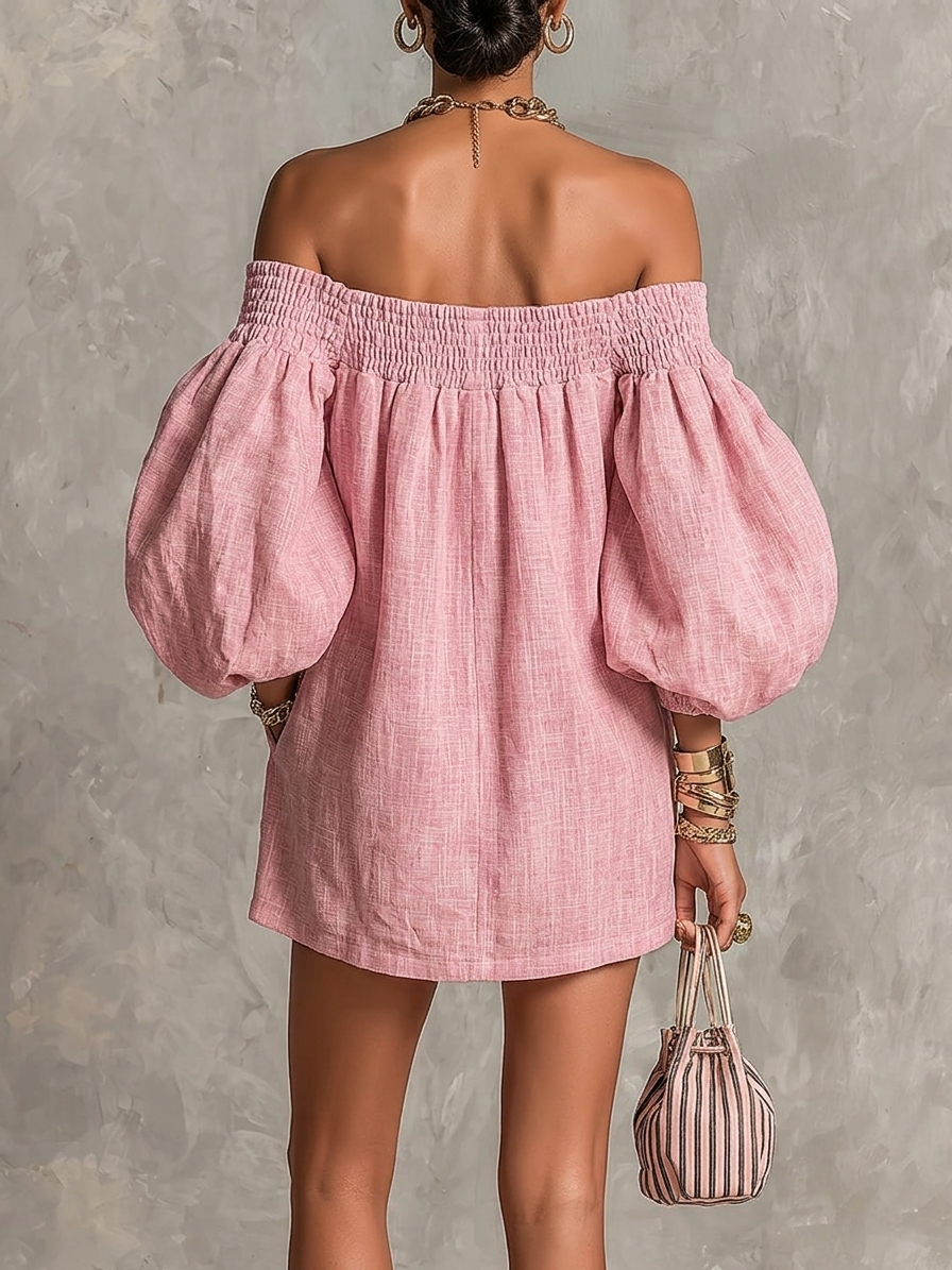 Rosabelle | Mini Vestido A-Line Amplio, Mangas Lantern, Hombros Descubiertos Rosa