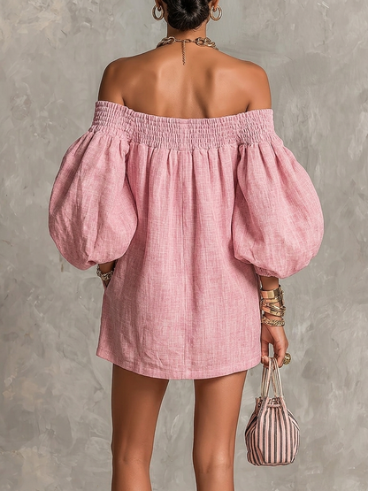 Rosabelle | Mini Vestido A-Line Amplio, Mangas Lantern, Hombros Descubiertos Rosa