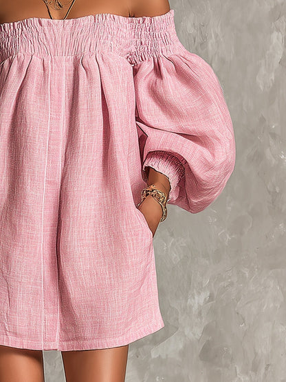 Rosabelle | Mini Vestido A-Line Amplio, Mangas Lantern, Hombros Descubiertos Rosa