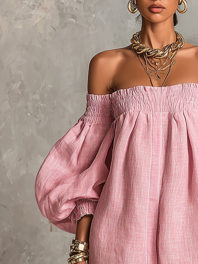 Rosabelle | Mini Vestido A-Line Amplio, Mangas Lantern, Hombros Descubiertos Rosa