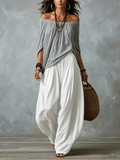Valentina | Top Blanco Off-the-Shoulder y Conjunto de Pantalón Lantern Ancho