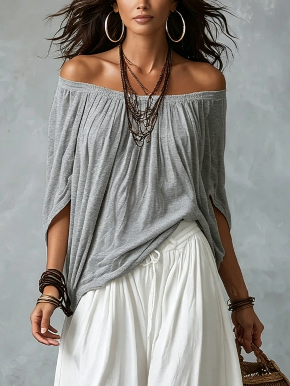 Valentina | Top Blanco Off-the-Shoulder y Conjunto de Pantalón Lantern Ancho