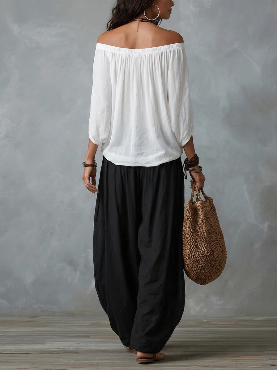 Valentina | Top Blanco Off-the-Shoulder y Conjunto de Pantalón Lantern Ancho