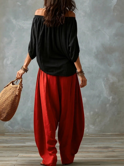 Valentina | Top Blanco Off-the-Shoulder y Conjunto de Pantalón Lantern Ancho
