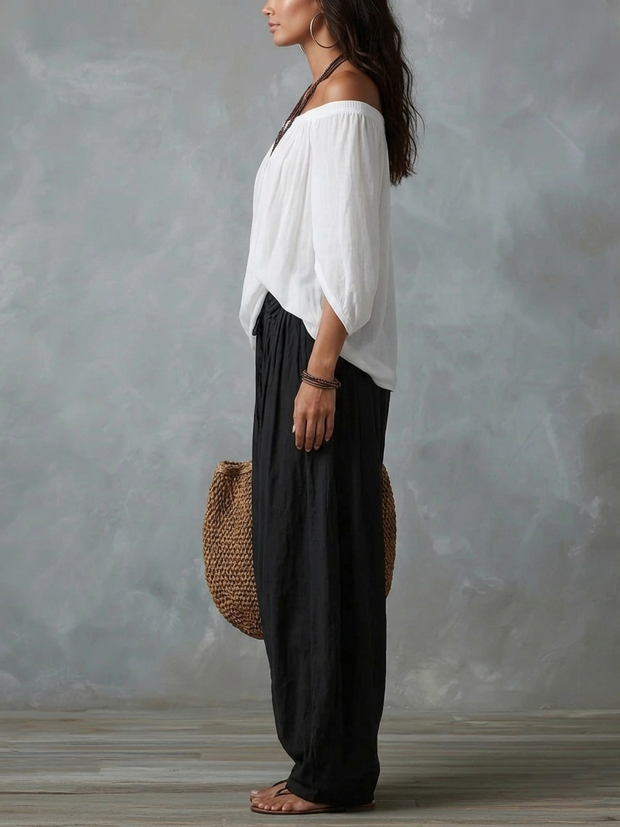 Valentina | Top Blanco Off-the-Shoulder y Conjunto de Pantalón Lantern Ancho