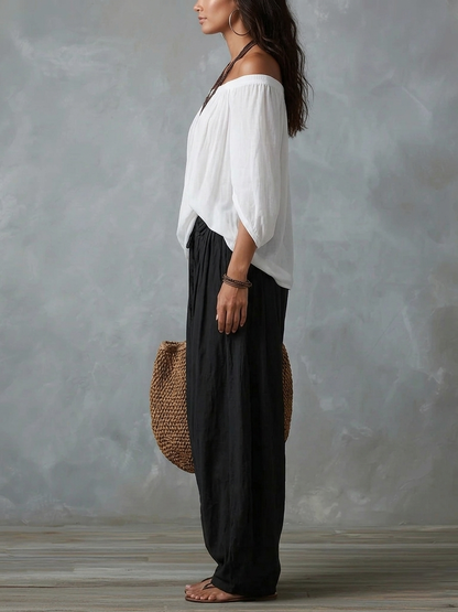 Valentina | Top Blanco Off-the-Shoulder y Conjunto de Pantalón Lantern Ancho