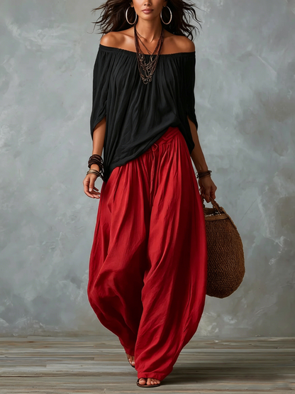 Valentina | Top Blanco Off-the-Shoulder y Conjunto de Pantalón Lantern Ancho