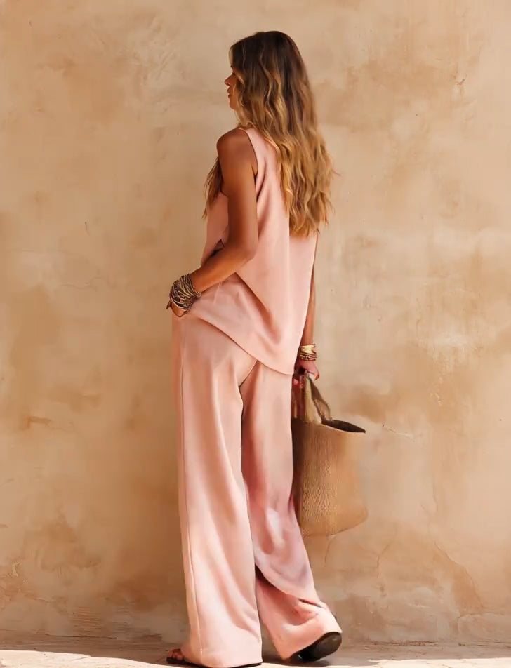 Luna | Conjunto Casual de Top Rosa Sin Mangas de Un Hombro y Pantalón