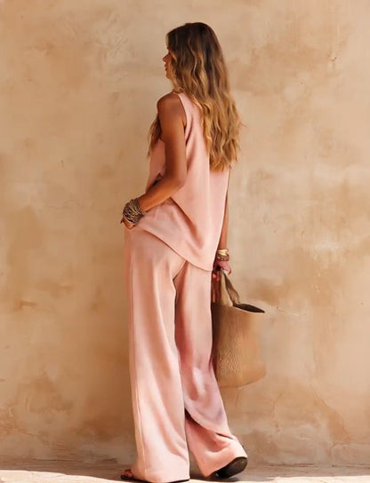 Luna | Conjunto Casual de Top Rosa Sin Mangas de Un Hombro y Pantalón