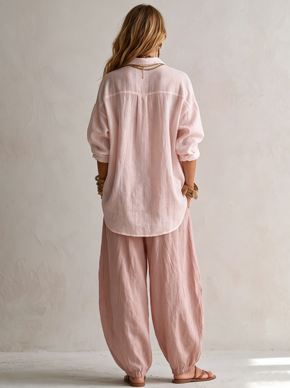 Amada | Camisa Blanca Ancha y Pantalón Lantern Verde de Pierna Ancha