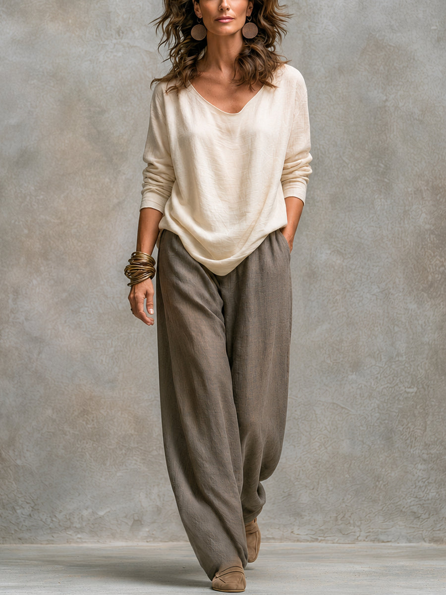 Carmen | Conjunto Elegante de Tres Piezas Beige Gris Casual con Pantalón de Pierna Ancha