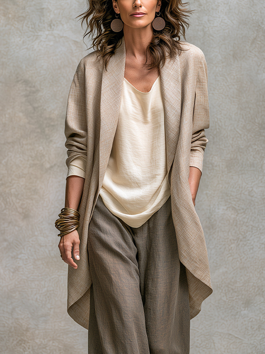 Carmen | Conjunto Elegante de Tres Piezas Beige Gris Casual con Pantalón de Pierna Ancha