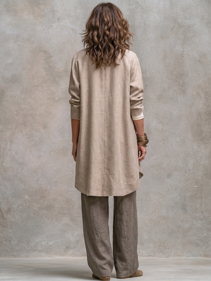 Carmen | Conjunto Elegante de Tres Piezas Beige Gris Casual con Pantalón de Pierna Ancha