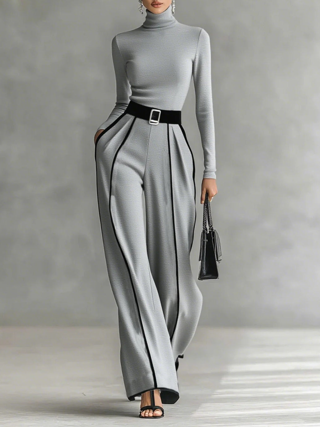 Bonnie | Conjunto de Top de Manga Larga con Cuello Alto y Pantalón de Pierna Ancha con Cinturón