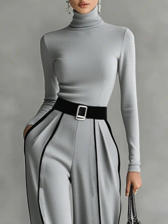 Bonnie | Conjunto de Top de Manga Larga con Cuello Alto y Pantalón de Pierna Ancha con Cinturón