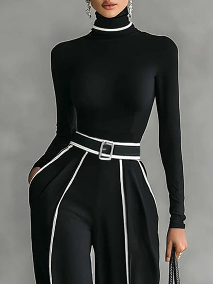 Bonnie | Conjunto de Top de Manga Larga con Cuello Alto y Pantalón de Pierna Ancha con Cinturón
