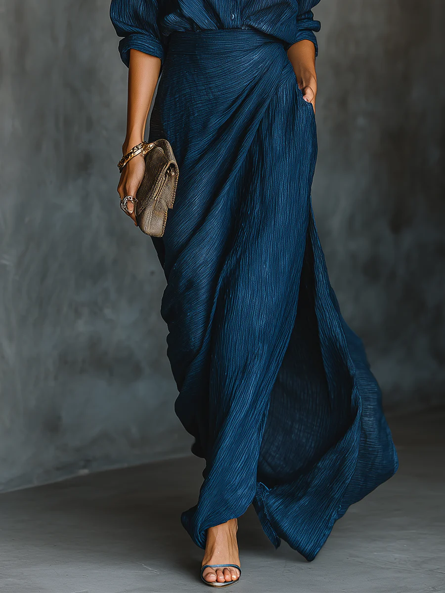 Alessa | Elegante Conjunto de Camisa de Algodón y Lino Azul Oscuro con Falda Larga