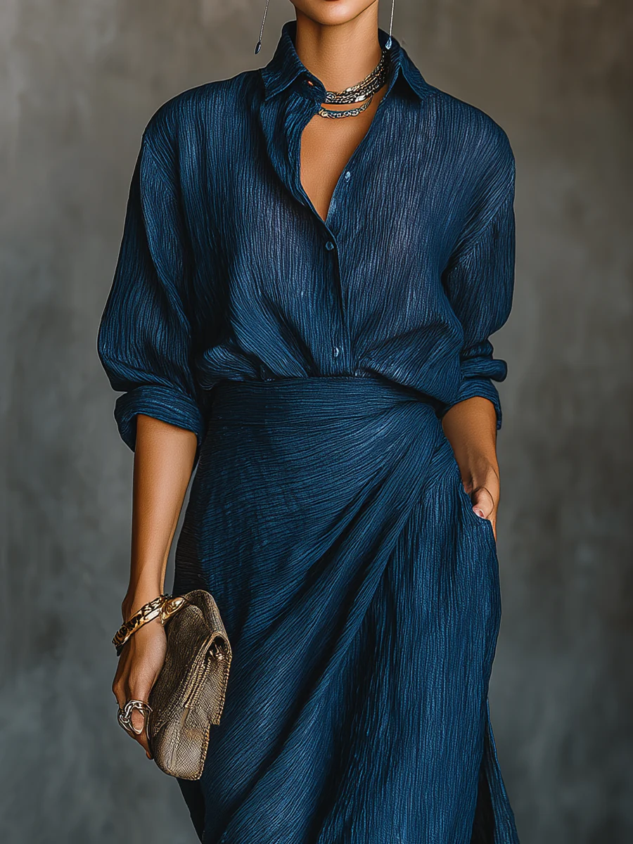 Alessa | Elegante Conjunto de Camisa de Algodón y Lino Azul Oscuro con Falda Larga