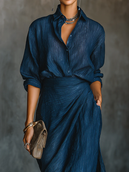 Alessa | Elegante Conjunto de Camisa de Algodón y Lino Azul Oscuro con Falda Larga