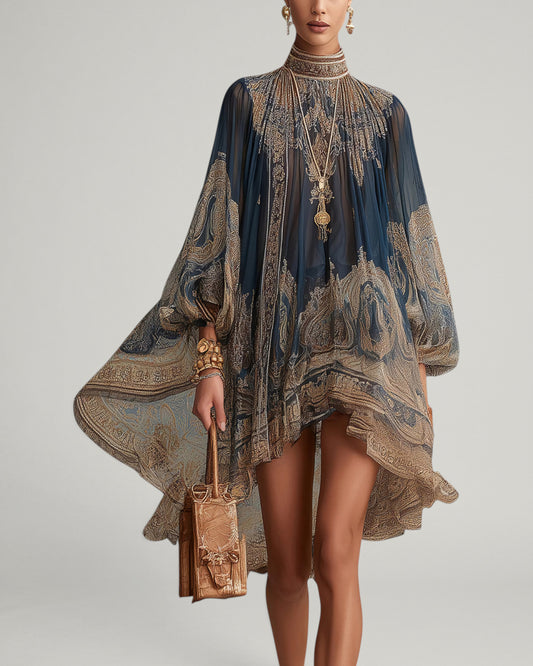 Verónica | Mini Vestido Irregular Estampado Barroco Azul Marino, Cuello Alto