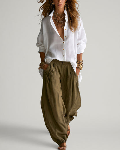 Amada | Camisa Blanca Ancha y Pantalón Lantern Verde de Pierna Ancha