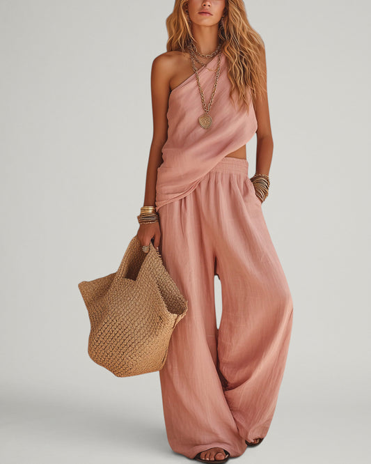 Luna | Conjunto Casual de Top Rosa Sin Mangas de Un Hombro y Pantalón