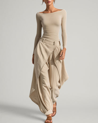 Raquel | Conjunto de top beige con escote barco y pantalón ancho por capas