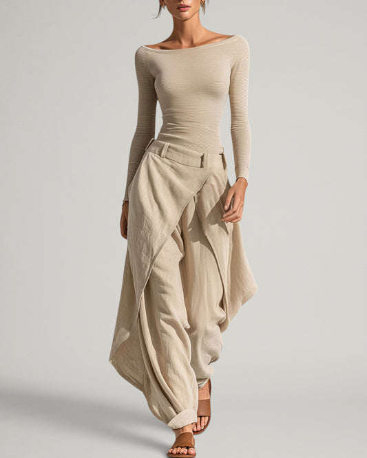 Raquel | Conjunto de top beige con escote barco y pantalón ancho por capas