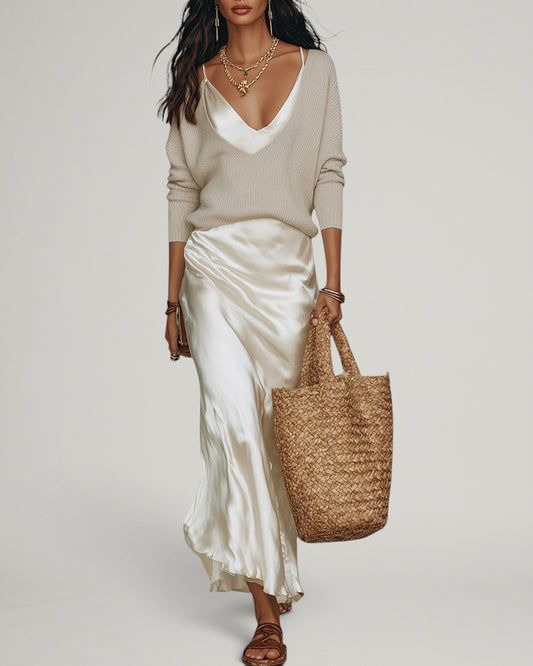 Nora | Conjunto Elegante de Jersey Tricot y Falda Midi de Satén