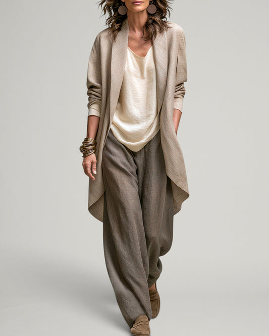 Carmen | Conjunto Elegante de Tres Piezas Beige Gris Casual con Pantalón de Pierna Ancha