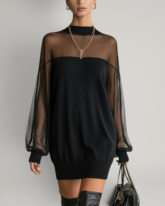 Domitille | Mini Vestido Negro, Mangas de Malla Transparente, Cuello Alto