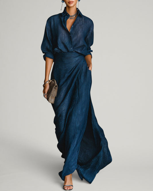 Alessa | Elegante Conjunto de Camisa de Algodón y Lino Azul Oscuro con Falda Larga